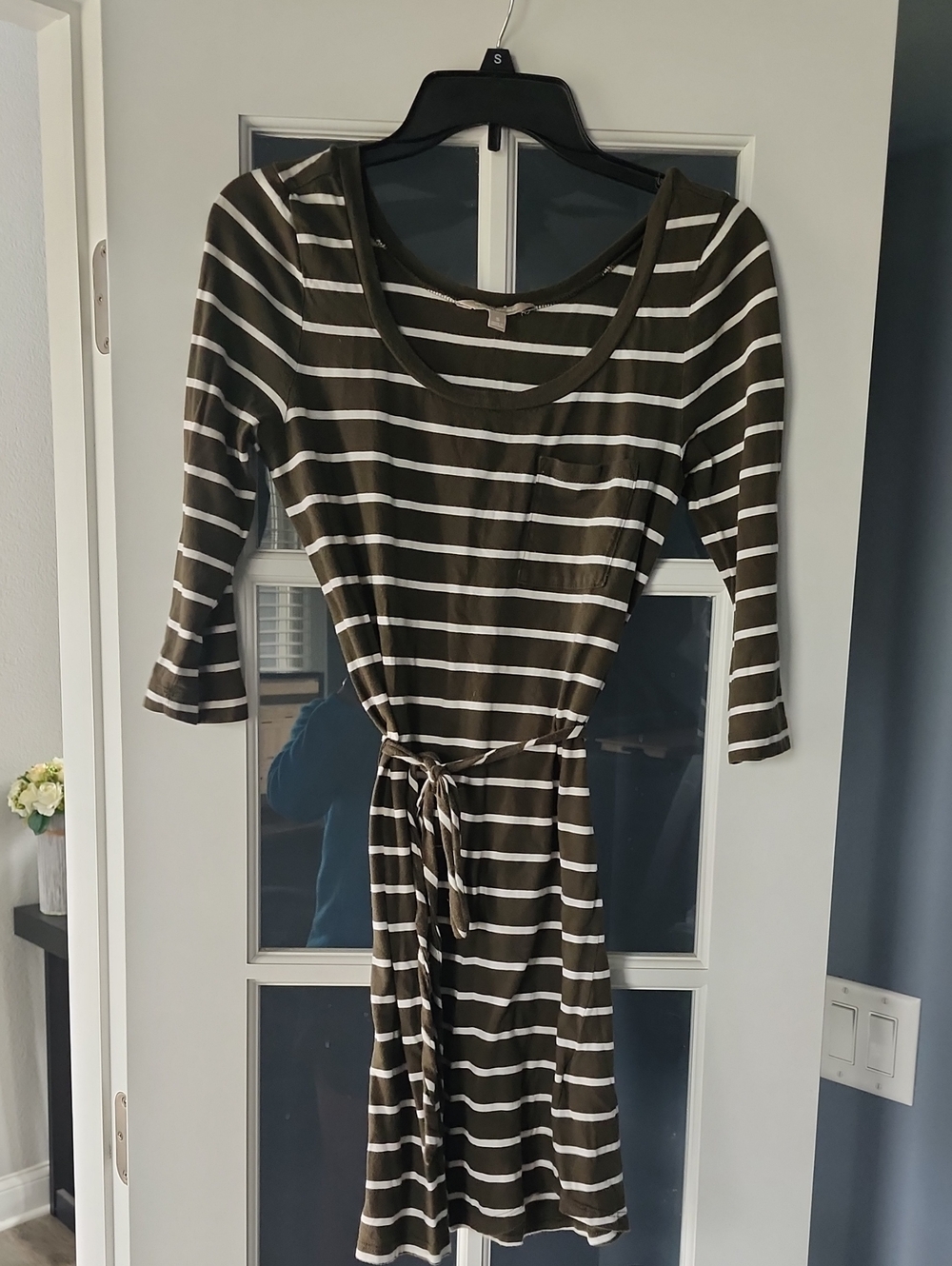 Banana Republic Olive and White Striped Tie-Waist Long Sleeve Dress